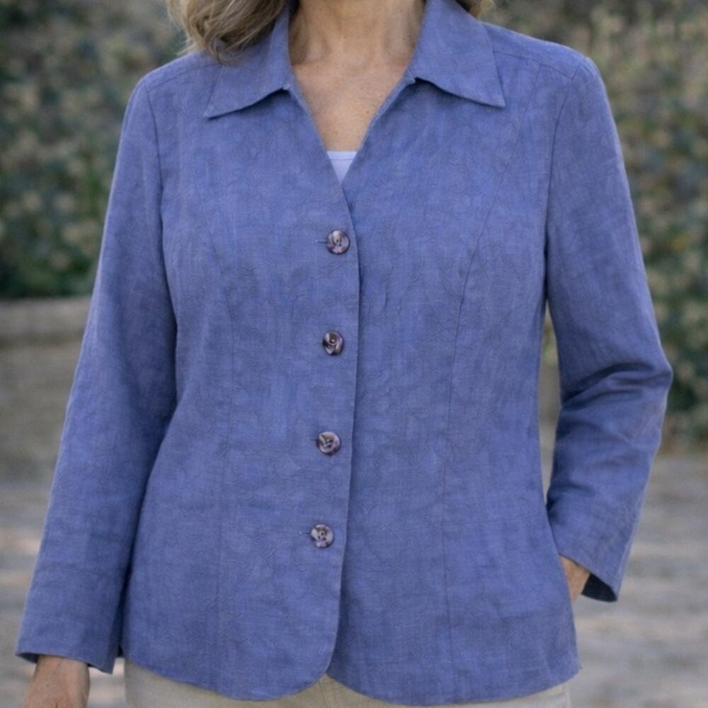 Coldwater Creek Floral Texture Knit Blazer Periwinkle Blue Button Up Size 10
